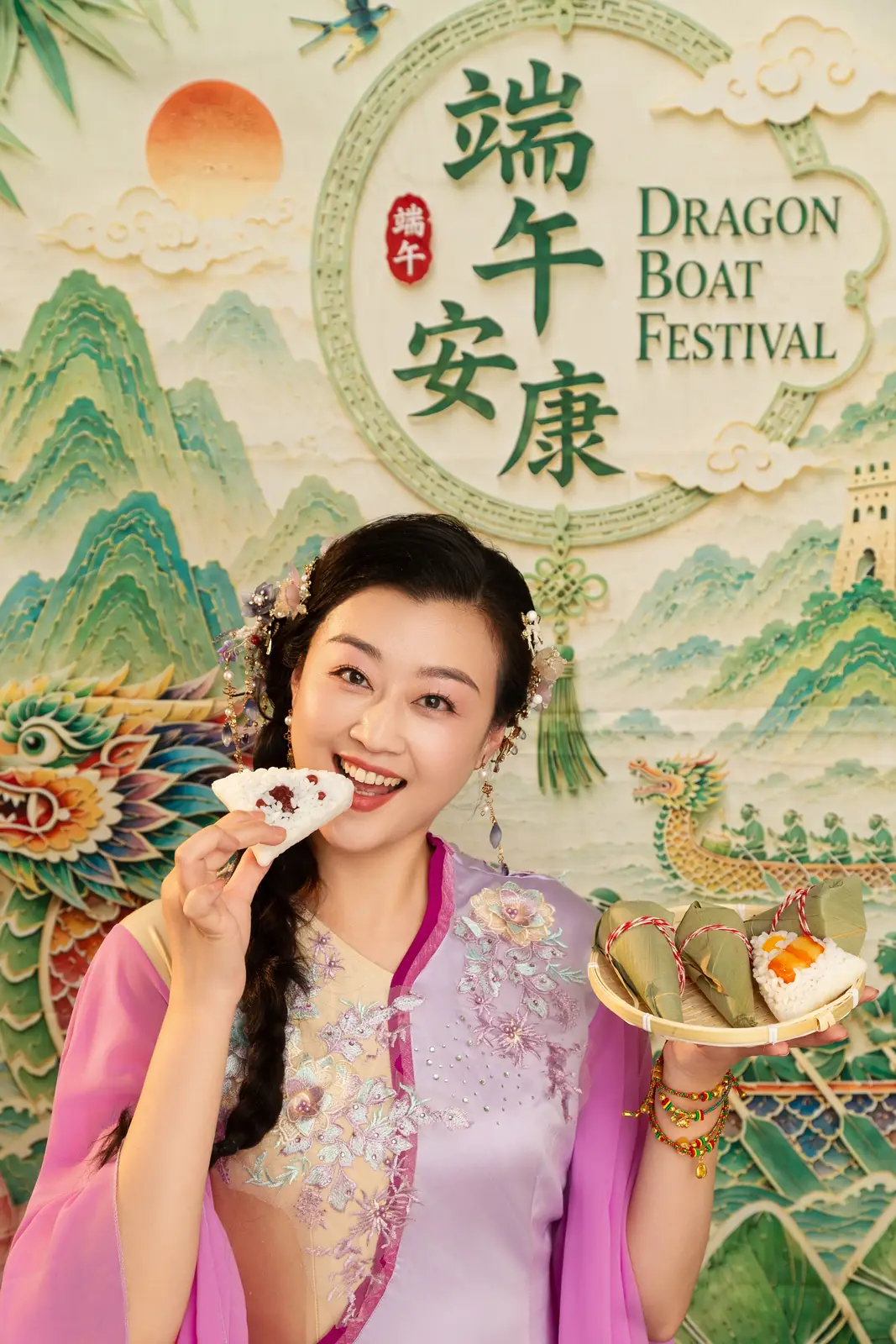Raina tasting a zongzi rice dumpling