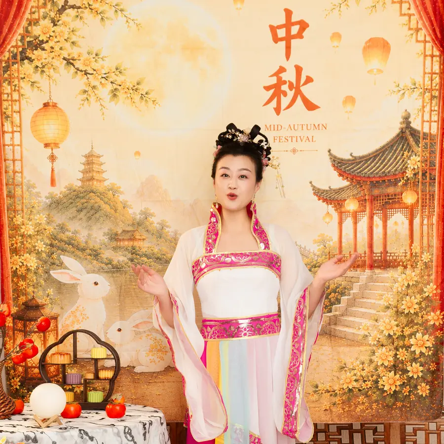 Raina in front of a Mid-Autumn Festival backdrop
