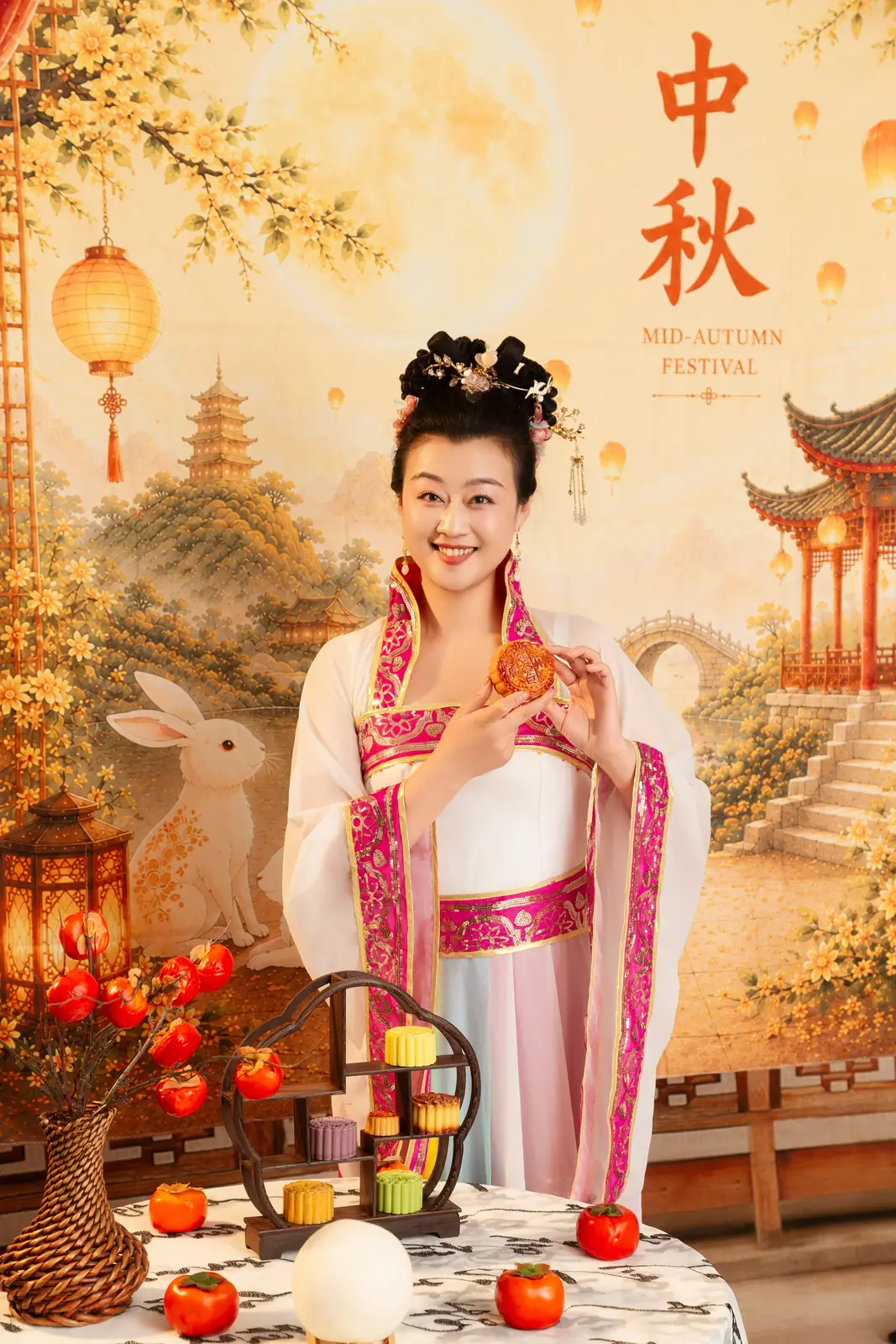 Raina in front of the Mid-Autumn Festival backdrop