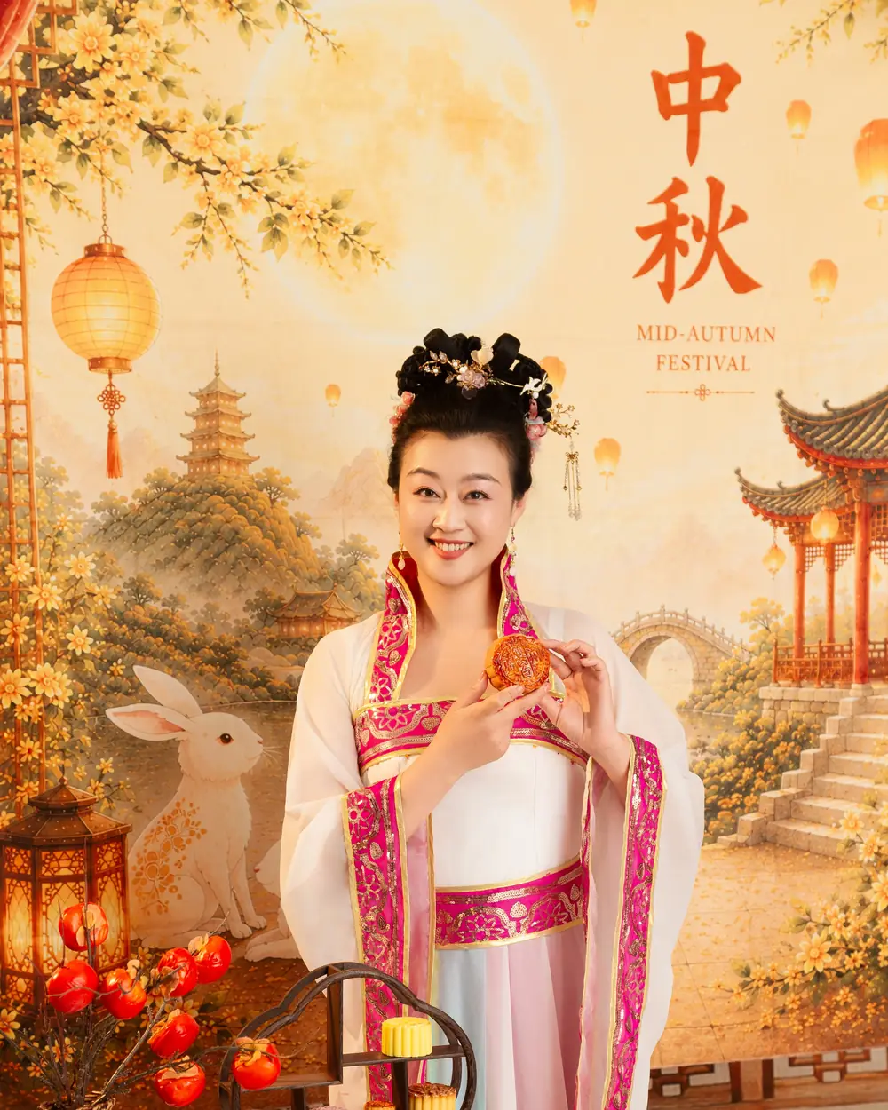 Raina smiling in front of the Mid-Autumn Festival backdrop