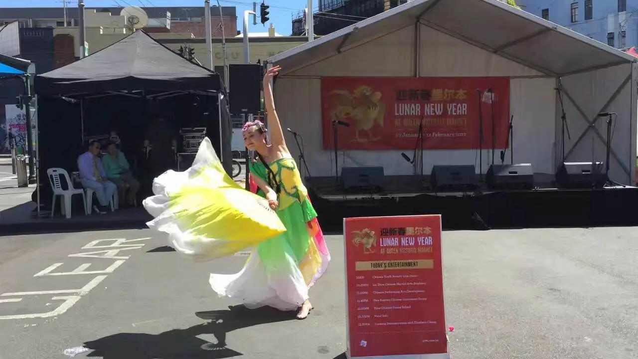 Raina dancing with fans at an outdoor Lunar New Year festival